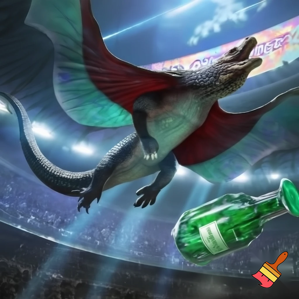 Half komodo Dragon half stingrays flying in a stadium with a bottle of poison