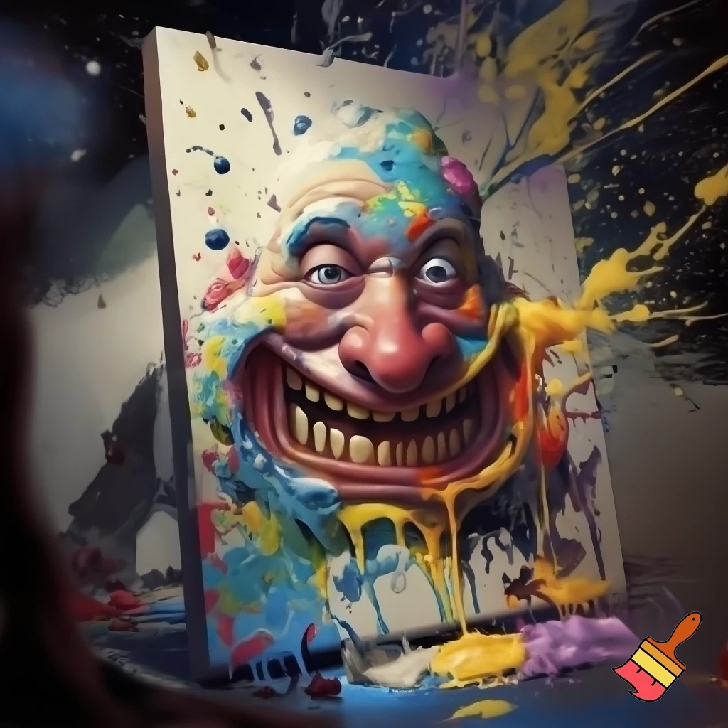 Create a random funny guy painting on a canvas but it gone horribly wrong