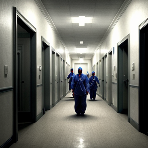 a vey scary mental hospital hallway with 6 silouttes of people with needles make it scary