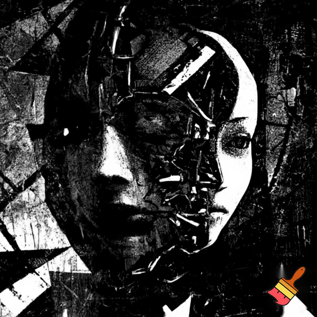 Bio-mechanical girl portrait, noise art. In the style of a 1920's German Expressionism. Black & white.