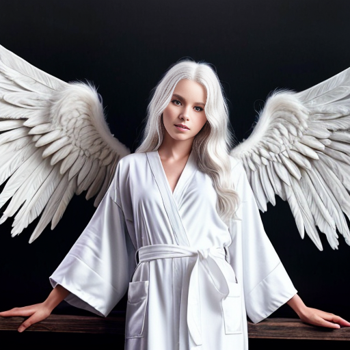 beautiful white-haired angel in white robes with white feathery wings