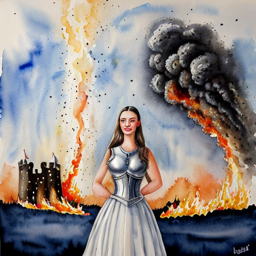 young, tall, white-haired woman in armor stands in front of a burning castle into which meteorites are falling.