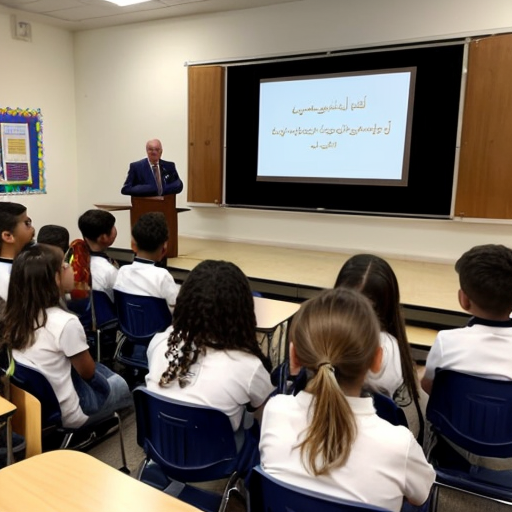 Students watched a recording of the speech delivered at a school assembly in Abu Dhabi.
•	The speaker begins in a calm voice and pauses briefly before the word “future.”
•	When he says “the potential of our youth,” he raises his voice for emphasis.
•	He points toward the students sitting in front of him and smiles.
•	A large screen behind him shows images of rockets launching and students studying in classrooms.
•	The audience begins clapping before the speech ends, and the speaker nods in response.
