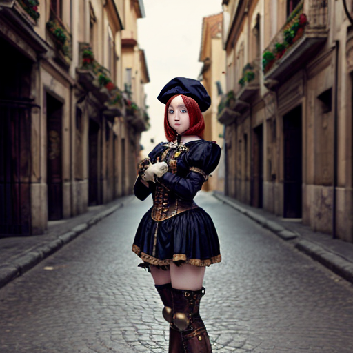An anime woman wearing puffy Renaissance medieval clothing, a Renaissance beret, steampunk goggles, steampunk bronze gloves, and steampunk bronze boots. Empty Roman steampunk city streets background.