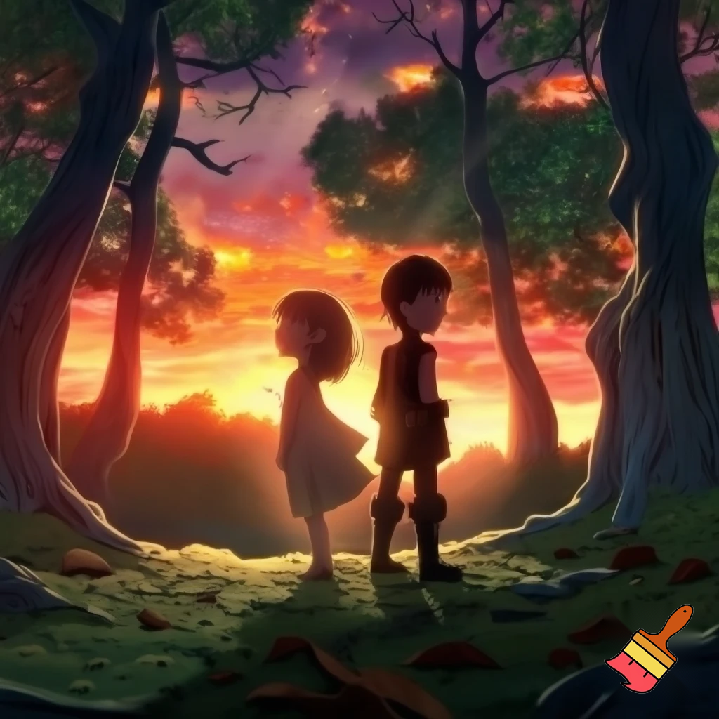 Two kids one girl one boy back to back in a forest sunset