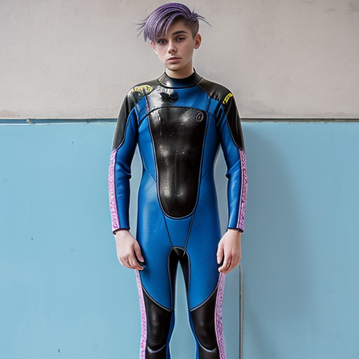 anime teen boy with purple hair wearing blue full body wetsuit layered with denim jacket