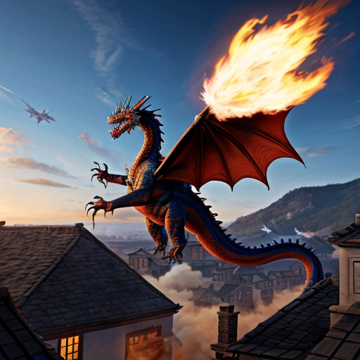 Draw me a mythological dragon flying through the sky above a village, breathing fire on the houses