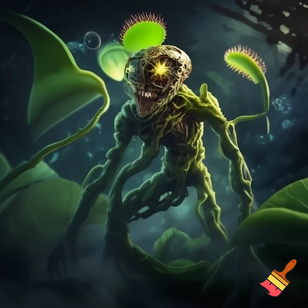 a venus venus flytrap with robotic eyes, and vine arms and legs