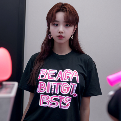 an girl hoding a bts bangtan bomb 
lightstick and has Neni written on her shirt
