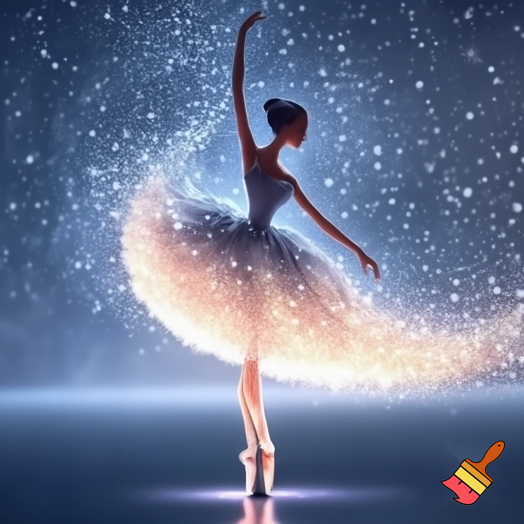 Красивая балерина во весь рост , её  тело в сказочных снежинках