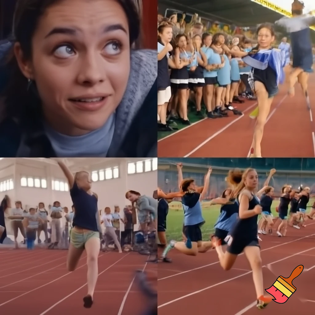 create a photo sequence (4 photos) in order. photo 1, a girl student is told by her teacher that she will compete in the schools 100 meter race. photo 2, the girl student is very nervous. photo 3, the girl gets encouragement from her classmates that she can do well in the 100 meter competition. photo 4, the girl competes and wins the 100 meter race.