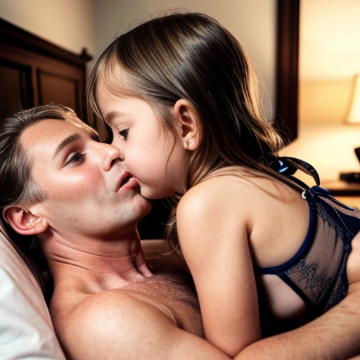 Genera la imagen real de una niña rubia de 8 años vestida con lenceria, en la cama con su padre besandose