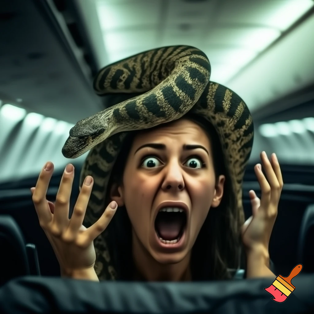 a woman was  asking  some one foods or drink but the snake is on her head the woman scramed in the plane