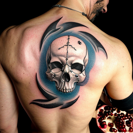 Line art tattoo style of a skull headed knife piercing both a pomegranate and the palm of a hand