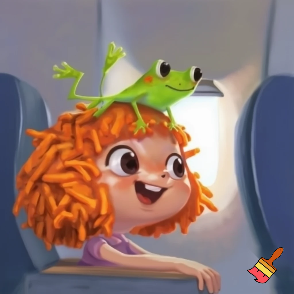 a inpoyle in  a plane is happy of a on her head she put hot cheetos on her head  when the girl done with her flit  the frog hit her head the frog go away