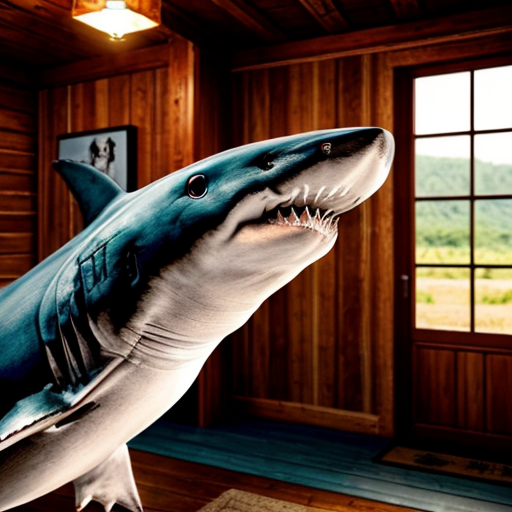 Make a shark with blue jordans in a big wood cabin called "The Tung tung Inn"