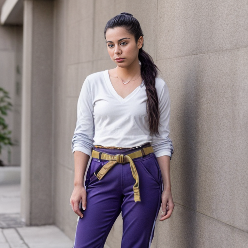 Generate a real life version of Aviva is a slender, young Hispanic woman in her 20s and above average height; she has long and bushy, armpit-length brown hair that she always ties back in a low ponytail, green eyes (with a slight grayish tinge), and tan skin. She usually wears a V-neck purple shirt and a yellow collared jacket with a blue stripe running down both of the sleeves, her pants are blue bell bottoms held by a black slim belt with a grey bolt on it, worn crookedly around her waist, and purple and white low-top sneakers.