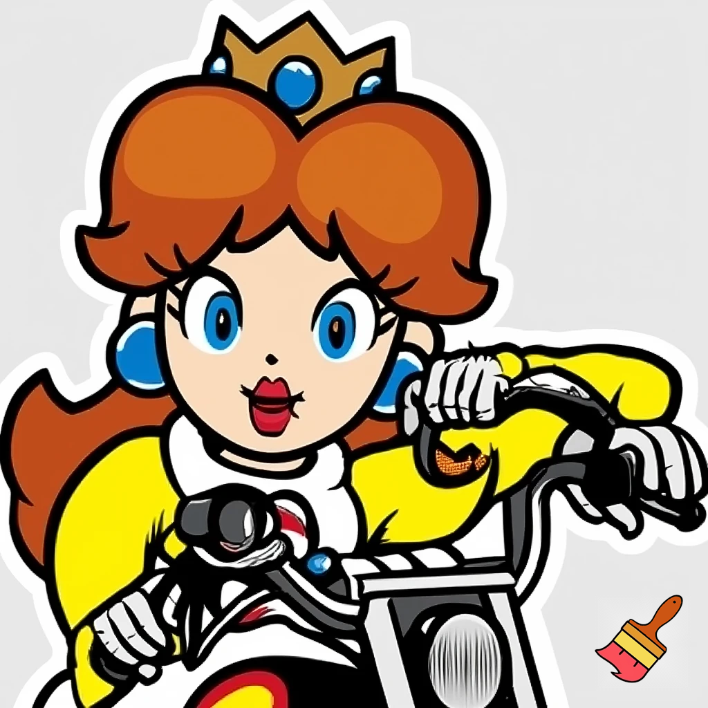 princess daisy riding a motorcycle wearing a racing jump suit in classic line art style with full color