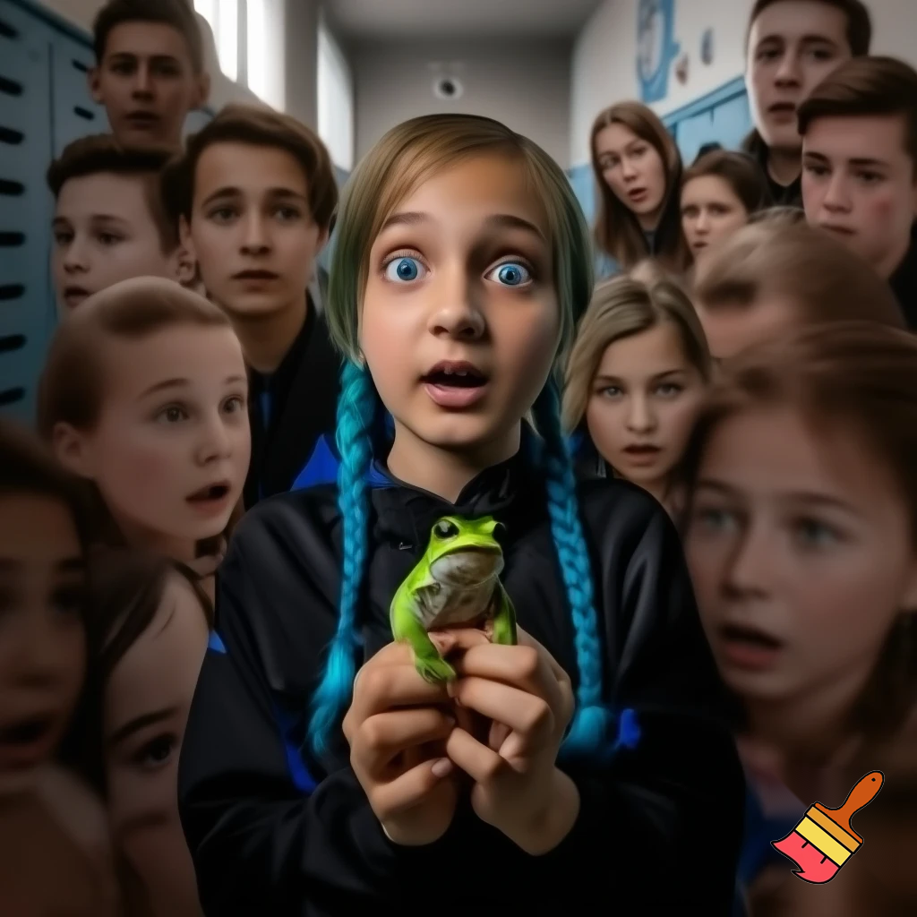 girl with blue braid and has a black jacket with blue eyes holding a frog all the people are looking at the frog scared at shcool