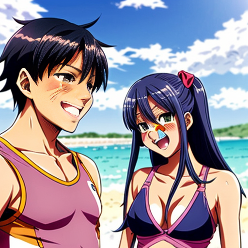 A cheerful 12-year-old teenage sister wears the same boys' swimsuit as her equally cheerful and amused 13-year-old teenage brother, and they both play in it together.