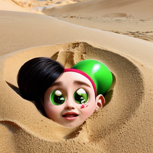 The powerpuff girls buttercup buried up to her neck in sand only her head sticking out packed in by bubbles
