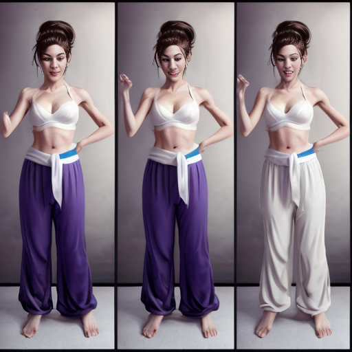 90's disney's 2d aladdin style comic black background and panels of panel 1 brown haired chun li with brown harem pants and blue bra and white sash and white curved slippers with both hand palms place together and hiding the bottom of her mouth with a blue veil wrapped around her arms and shoulders. 
panel 2 she danced with brown harem pants and blue bra and white sash and white curved slippers with blue veil wrapped around her arms and shouldersand raising legs and bounced up and down her belly and shook her hips left and right. 
panel 3 as brown haired chun li with brown harem pants and blue bra and white sash and white curved slippers with blue veil wrapped around her arms and shoulders spreading her arms, happily revealing her face to the viewer and giving a smile as she turns around shook her butt left and right. 
Panel 4 as brown haired chun li with brown harem pants and blue bra and white sash and white curved slippers with blue veil wrapped around her arms and shoulders started to fading away , except her belly, which is bouncing around. 
Panel 5 then the ball transforms into the fading in belly of black haired juri han with cone shaped hair buns barefoot with white harem pants and dark purple bra and black sash and with dark purple veil wrapped around her arms and shoulders with her swaying her hips. 
Panel 6 black haired juri han barefoot with cone shaped hair buns with white harem pants and dark purple bra and with dark purple veil wrapped around her arms and shoulders