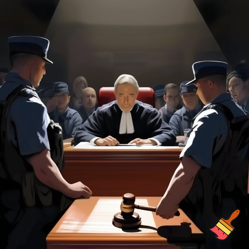 Un tribunal, un judecător, ciocanul, jandarmi, public, martori, inculpatul în boxa acuzaților.