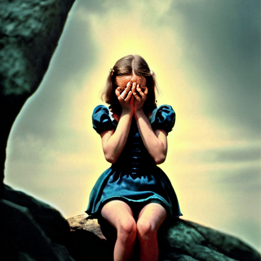 Alice in wonderland 1951, Alice is sitting on a rock in the middle of the Tulgey Wood at night time. Alice is using both trembling hands to hold a large, thick handkerchief to cover her eyes. Alice is hunched over, her elbows braced upon her knees, as she sobs into the handkerchief. Tears are gushing plentifully, creating a pool of tears. 