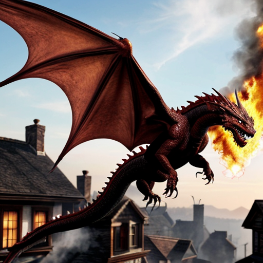 Draw me a mythological dragon flying through the sky above a village, breathing fire on the houses