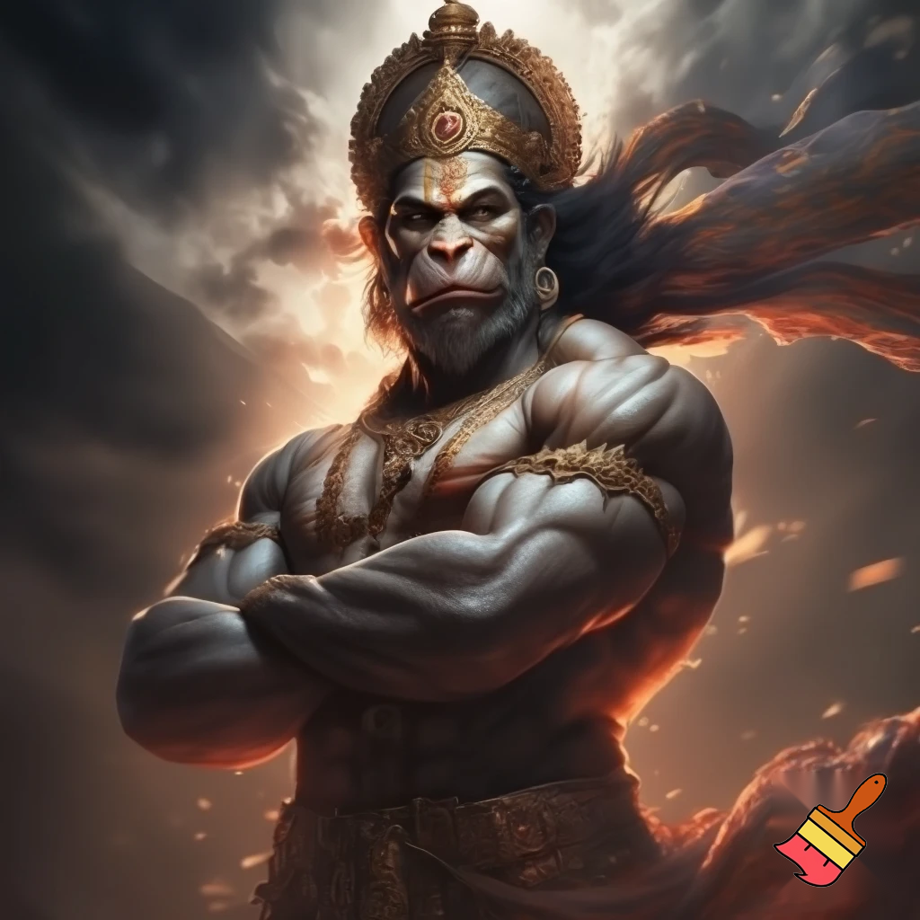 Lord Hanuman standing with a powerful and majestic posture, arms crossed, muscular divine body, stone-like skin texture with sacred markings, wearing golden royal crown and jewelry, flowing patterned shawl in the wind, fierce and heroic expression, detailed fur texture, cinematic dramatic lighting, dark stormy background with glowing embers floating in the air, mythological fantasy art style, extremely detailed, sharp focus, Unreal Engine render, subsurface scattering, rim light, God rays, volumetric glow, 8k, ultra high resolution, wallpaper composition

Negative prompt: low resolution, blurry, flat shading, cartoonish, distorted face, extra limbs, watermark, text, logo, noise, bad anatomy
