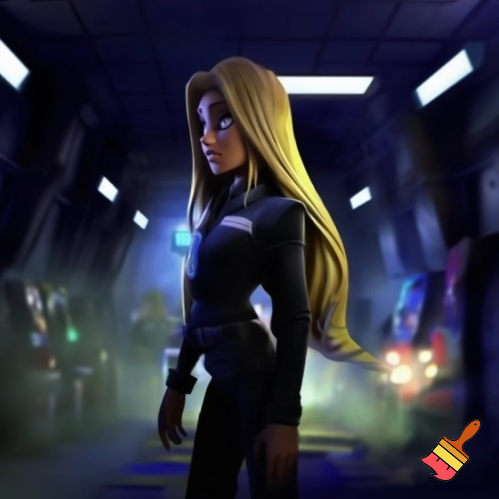 Vanessa from five nights at Freddy’s security breach with her extremely long blonde hair down; while wearing a proper security/ night guard outfit 
