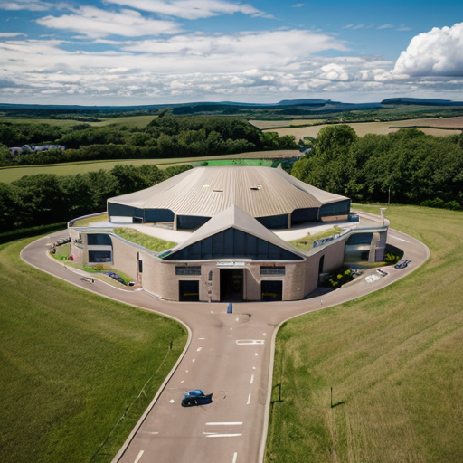 Aerial view of Asland Human peoples and children with sci-fi futuristic clothing at the Asland village with flag of Asland with white field and red-linned black saltire, beige sci-fi futuristic houses with red brick sci-fi futuristic roofs, grey sci-fi futuristic houses with red brick sci-fi futuristic roofs, beige sci-fi futuristic Catholic church with red brick sci-fi futuristic roof, road, gardens, corn fields, meadows taiga forest, hills and cloudy sky in May 2621.
