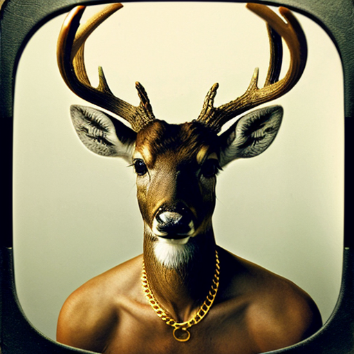 mugshot of a fierce deer with a tatoo , gold chain