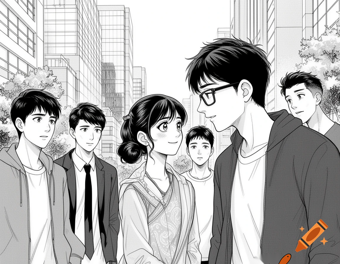 black and white manga style illustration, Indian girl meeting 4–5 guy friends for the first time, emotional and cute atmosphere, modern setting, heroine looking at a tall boy with short hair and rectangle glasses, expressive eyes, shy smiles, detailed ink line art, Japanese manga style, cinematic composition, manga panel layout, no color