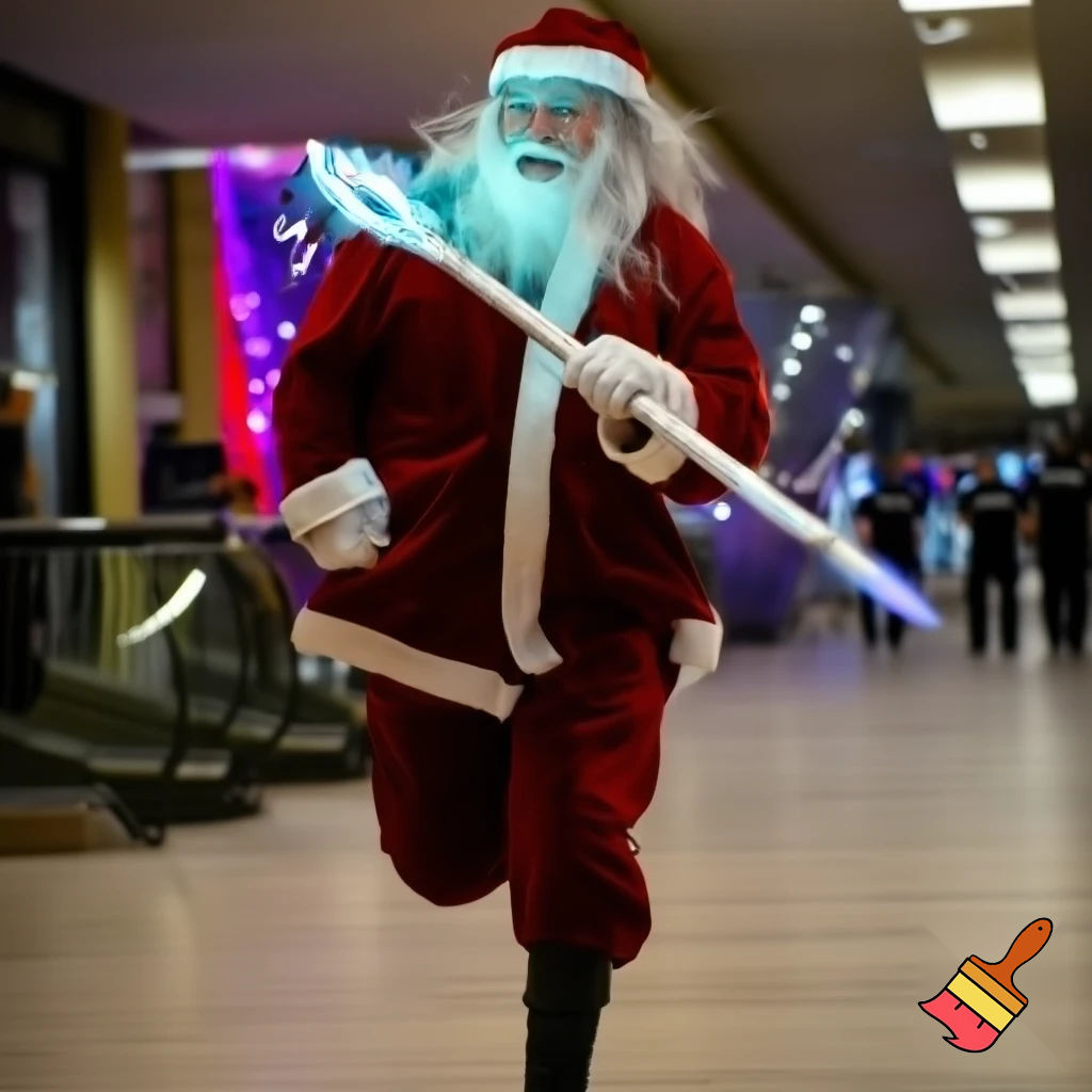 Santa Claus running with the walking stick running with his magic walking stick walking in the shopping centre with the walking stick magic staff walking stick affectation the police are on the way the police elf on the shelf