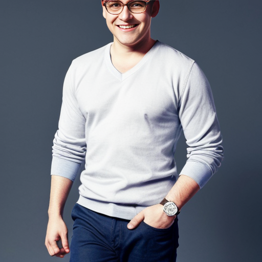 A skinny bald young man with big brown round glasses, a white shirt under a navy blue sweater (Round neck, not a v-neck) and grey trousers and brown classic shoes. No jewels or watch. A white background. Pixar style. He smiles 