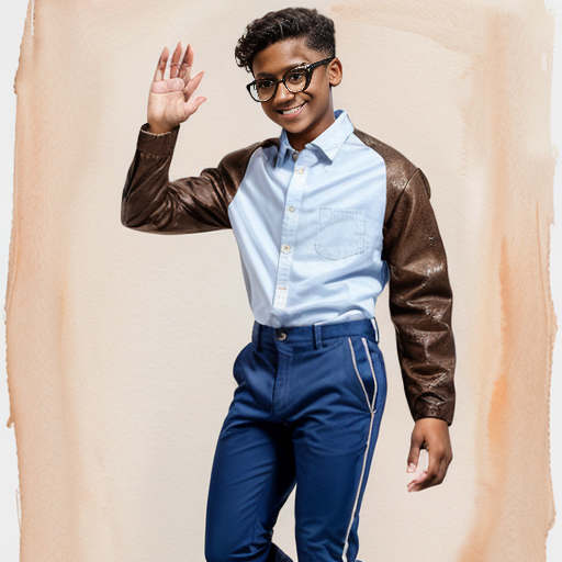 A Gacha brown skinned boy with dark brown hair, brown glasses and a brown pattern jacket with a white shirt, blue pants and black shoes. Waving at the camera 