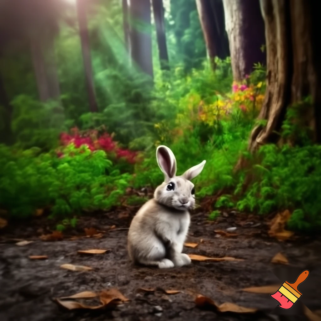 "Cartoon style illustration of a small, sad rabbit sitting alone on the forest floor with teary eyes, looking lonely and scared. A vibrant, colorful forest background with trees, sunlight filtering through leaves, flowers, and bushes. Make it emotional and storybook-like, rabbit is the same character as in following scenes, no fox yet."