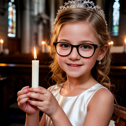 Cute adorable niña Chilindrina glasses con hair curly Blonde con corona Flores con verano elegante formal primera comunión sensual sexy con holding vela dé candela con altar con iglesia templó católico 2