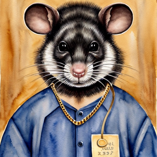  rat, evil, sinister, wearing prison outfit, mugshot style, no human, gold chain
