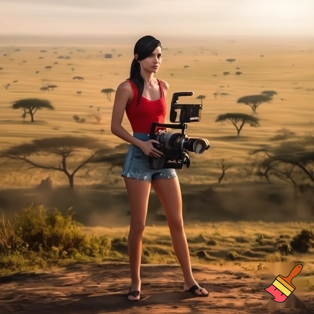 A cute and muscular black-long-and-side-swept-banged-haired fair white woman with arriflex digital camera and wearing red tank top and woman's blue short jeans and putting the sandals on her feet is filmming the plains of the Serengeti in Tanzania.