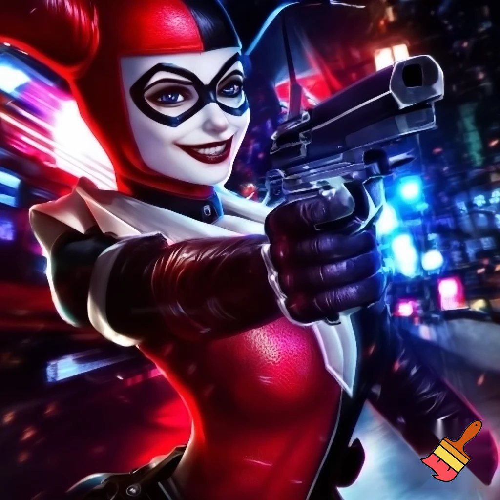 Harley Quinn using a pistol 