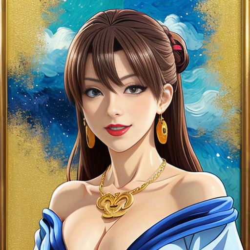 Generate an art-portrait of a young Latina woman. She wears a blue satin off-the-shoulder top, red lipstick. With jewellery: big golden necklace and great earrings with sapphires. The image has a background with gold flakes and gold leaf. Painting oil on canvas in the style of Vincent van Gogh. 