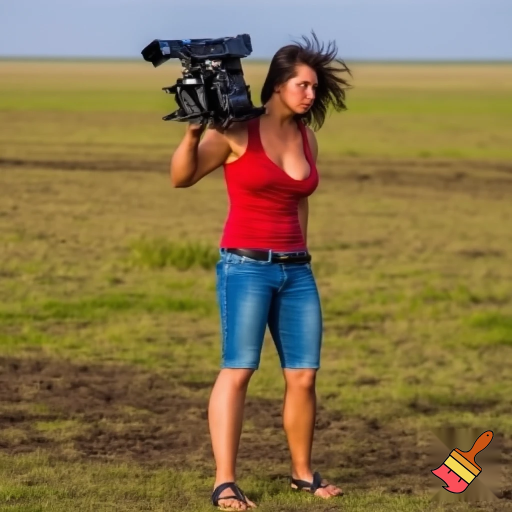 A cute and muscular black-long-and-side-swept-banged-haired fair white woman with arriflex digital camera and wearing red tank top and woman's blue short jeans and putting the sandals on her feet is filmming the plains of the Serengeti in Tanzania.