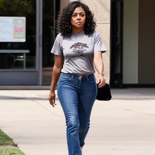 Taraji P. Henson long brown curly hair black t-shirt under t-shirt and blue jeans and black toes out shoes 
