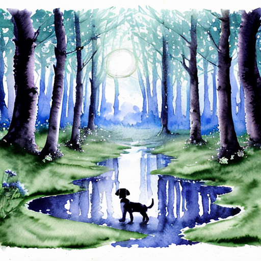Kouzelná večerní scéna, lesní mýtina v noci, z potoka vychází jasná modrá záře. Malé štěně stojí na okraji louky, fascinovaně sleduje světlo. Magická atmosféra, modré a fialové odstíny, detailní ilustrace. Pohádkový akvarel.