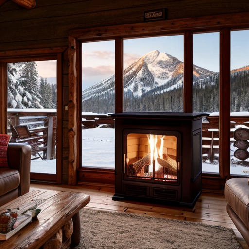 Photo in portrait mode of a warm fireplace burning in a cozy log cabin with a view of snowcap mountain overlooking a clear as crystal lake
