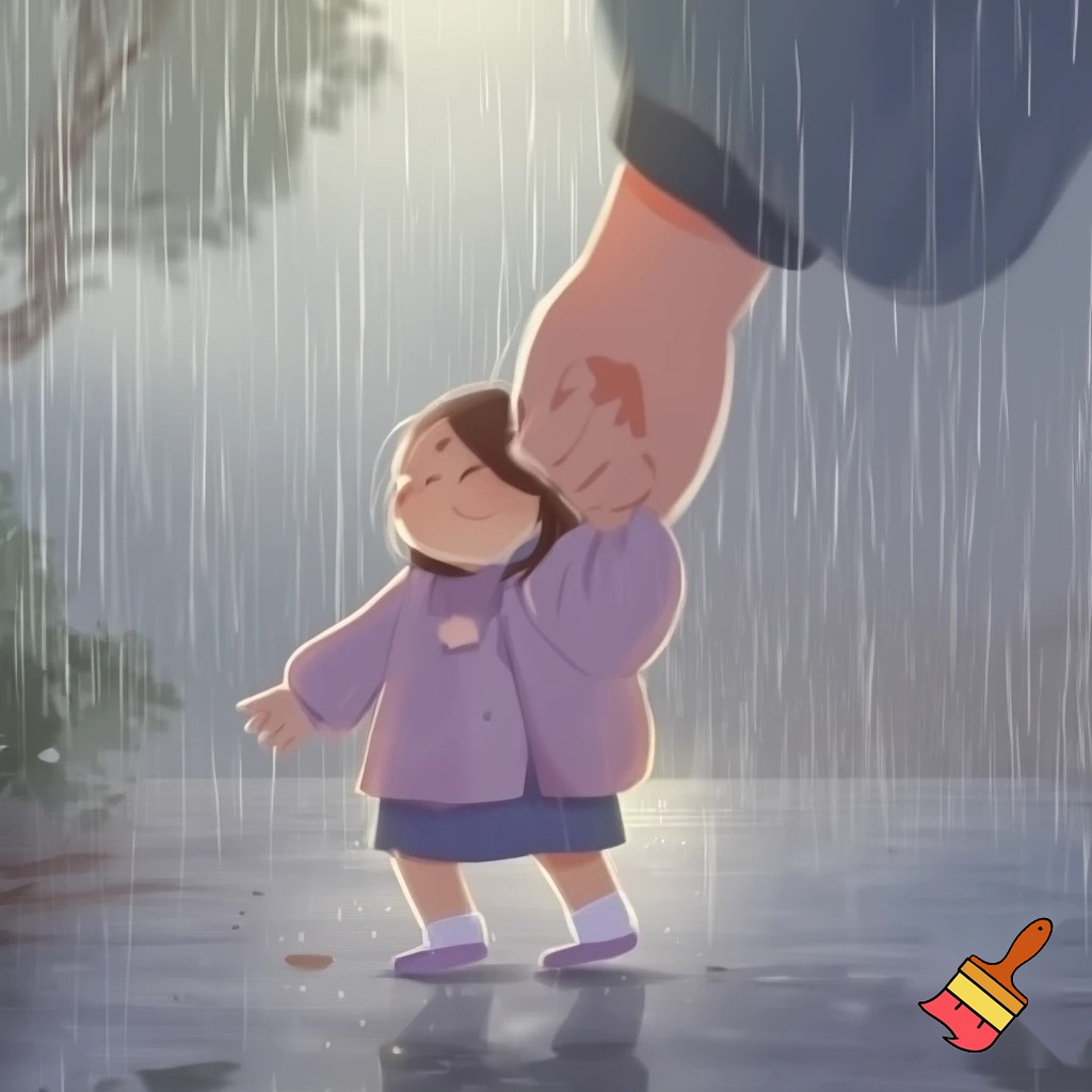 Un copil de mânuța cu mama, cum merge la școală fără chef, pe ploaie și pe vânt.