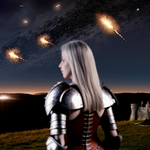 young tall white-haired woman in armor watches as meteors fall on the castle