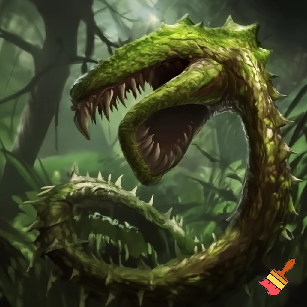 a animal that has green skin and has no eyes
and has a tail with spike on the tail and body and looks like a fly trap and lives in the rainforest has a big mouth 
 
